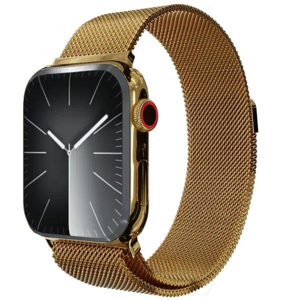 Gold Apple Watch 9 with Milanese strap black face.webp