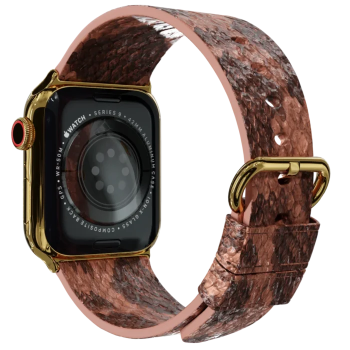 Gold Apple Watch 9 with Brown Python Strap back.webp