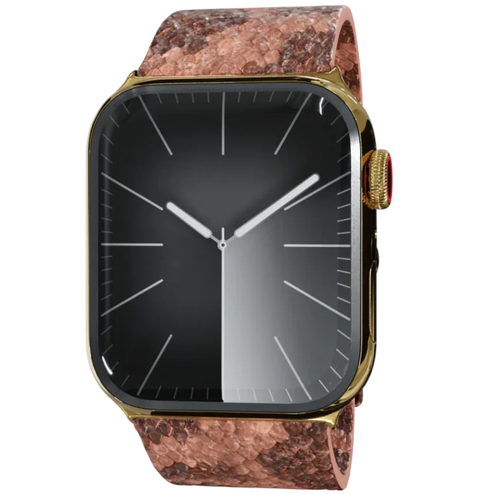 Gold Apple Watch 9 with Brown Python Strap front.webp